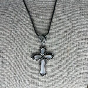 Vintage Sterling Silver Marcasite Mother of Pearl Ornate Cross Pendant Necklace